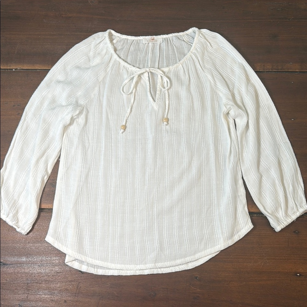 Tomato Girl Summer Sunland Oversized White Striped Blouse Sz S – Boho Flowy Top